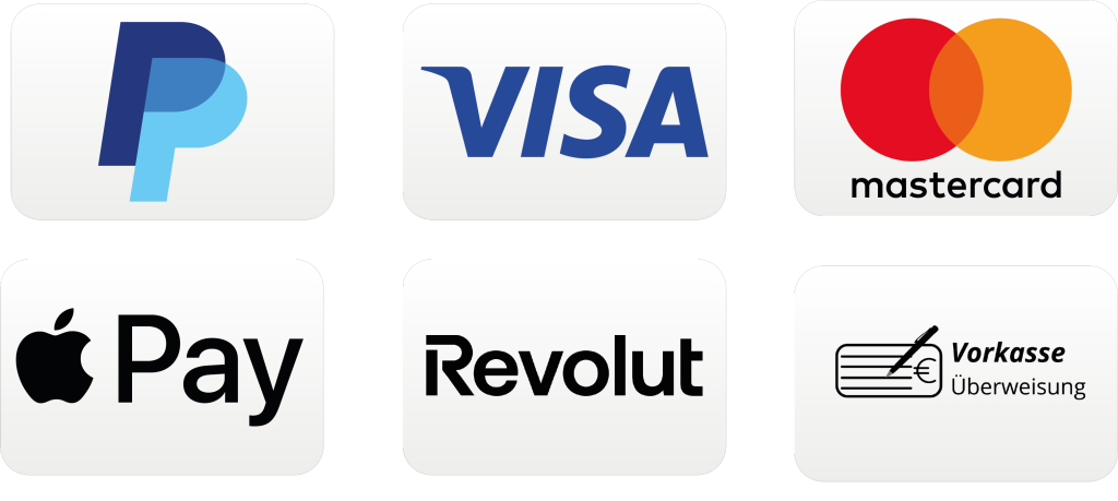 Akzeptierte Zahlungsmethoden: PayPal, VISA, Mastercard, Apple Pay, Revolut, Vorkasse Überweisung